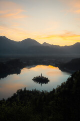 sunrise over the lake, bled lake, bled island, view on bled