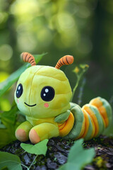 Cute and Funny Caterpillar Plush Toy with green bokeh blurred background