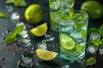 Fototapeta premium A refreshing mint mojito cocktail in a highball glass, with muddled mint leaves, lime juice, white rum, and soda water