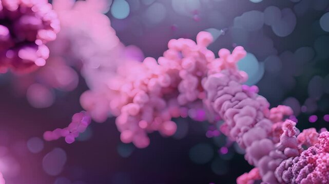 A threedimensional representation of a glycosyltransferase enzyme in action transferring a sugar molecule onto a protein chain.