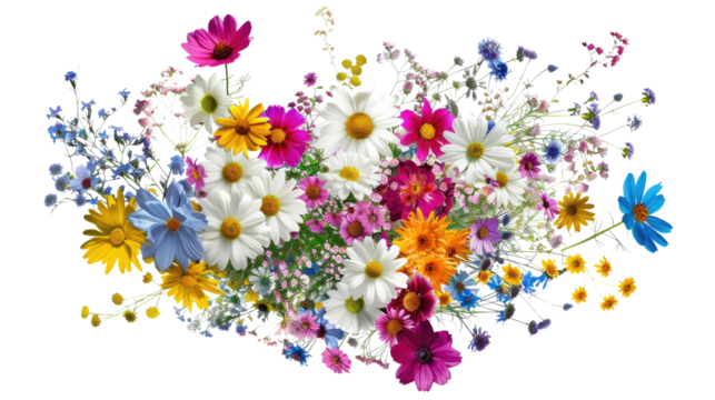Photograph of a bouquet of vibrant wildflowers, arranged in a graceful spiral, on a transparent background.