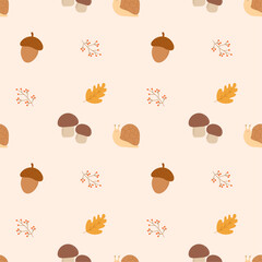 Seamless pattern with autumn leaves, mushrooms, acorns and smiling snails. Autumn background. Vector illustration, flat style for design, decor and print.