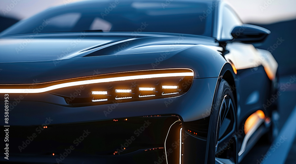 Poster Close up of the front end headlights of an electric car. The headlight is large and simple with no shading. There is a thin LED strip above it that forms into its edges. Close-up shot. Generative AI.