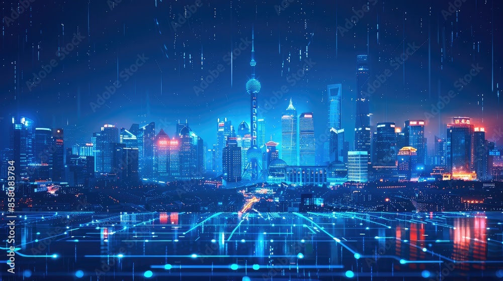 Sticker shanghai city with glowing blue lines and holographic buildings on a dark background, depicting a te - Stickers