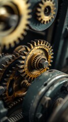 Fototapeta premium Close-up of Mechanism with Cogwheel and Gears Working Together