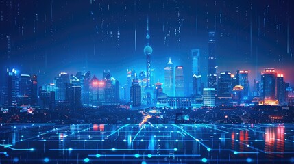 Fototapeta premium Shanghai city with glowing blue lines and holographic buildings on a dark background, depicting a technology theme concept. Generative AI.