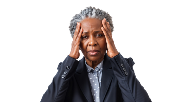 Senior worried black woman wearing a suit holding her hands on top of her head, stressed businesswoman thinking about deadlines and pressure at work, panic and anxiety management, isolated hd