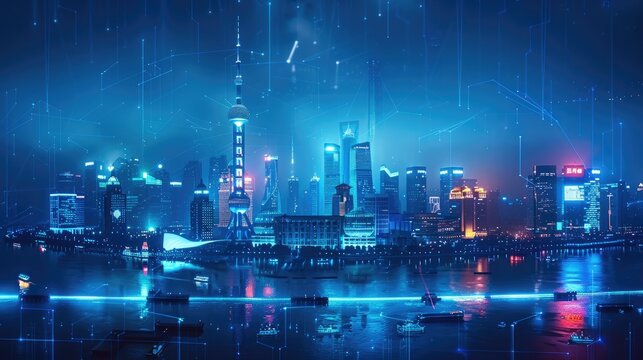 Shanghai city with glowing blue lines and holographic buildings on a dark background, depicting a technology theme concept. Generative AI.
