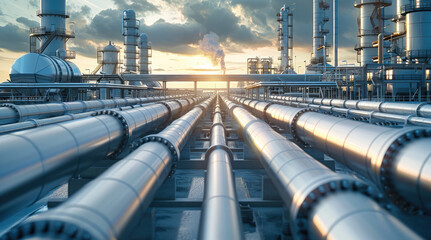 A grand crude oil station with tank area, pump station and many oil pipelines with silver white pipes. Generative AI.