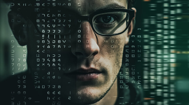 Close-up portrait of a young man with glasses and binary code