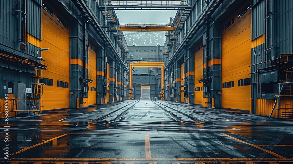 Poster A factory area, with 4-story factories on both sides, dark gray in color. The width between the two factories is 10 meters, and there is an open warehouse gate on the opposite side. Generative AI.