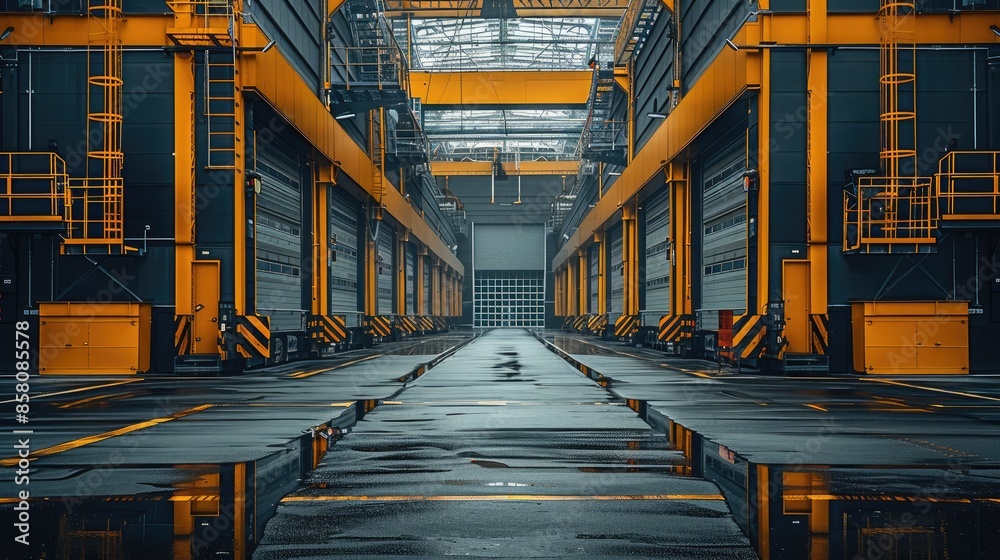 Aufkleber a factory area, with 4-story factories on both sides, dark gray in color. the width between the two 