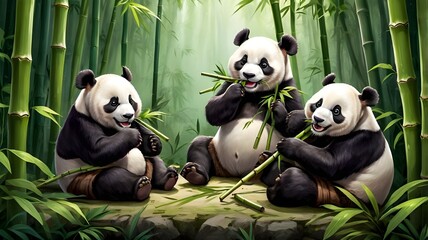 Obraz premium Illustration of pandas sitting and munching on bamboo in a lush bamboo forest, showcasing their adorable and relaxed demeanor