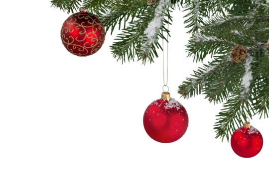 Christmas decorations with tree branches and baubles frame isolated on white background