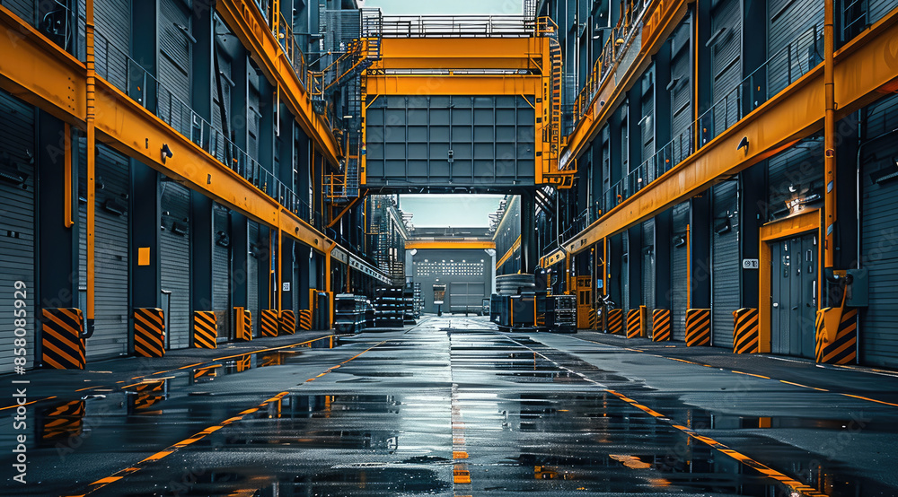 Poster A factory area, with 4-story factories on both sides, dark gray in color. The width between the two factories is 10 meters, and there is an open warehouse gate on the opposite side. Generative AI.