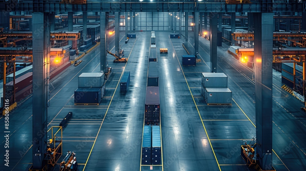 Aufkleber a modern warehouse in the style of contrast and recycling with large machines and lights off. genera