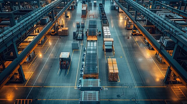 A modern warehouse in the style of contrast and recycling with large machines and lights off. Generative AI.