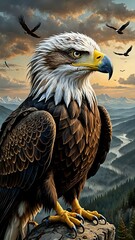Obraz premium A majestic bald eagle perches on a rock with a mountainous landscape and river in the background,