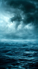 Fototapeta premium A turbulent ocean under a dramatic, stormy sky with dark, ominous clouds. The scene captures the raw power of nature, creating an intense and moody atmosphere filled with tension. Scary sea landscape 