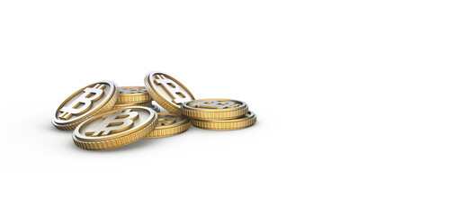 Realistic 3D illustration of Bitcoin, coin, digital currency and investment. Illustration of world digital currency gold coins. Bitcoin on a white background.