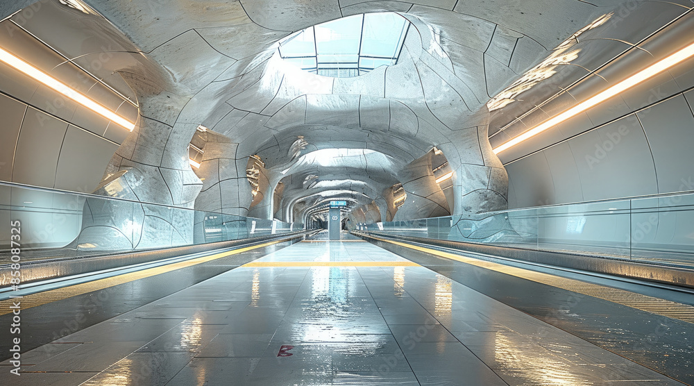 Poster interior perspective view of a platform in a metro station. modern. generative ai.