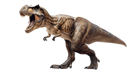 photograph of a photorealistic T-Rex standing on its hind legs, roaring, against a transparent background