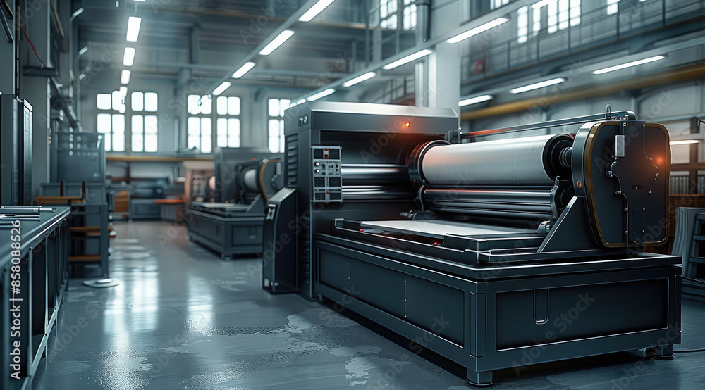 Poster a printing press in a modern technologically advance tech building. use a color scheme of black, whi