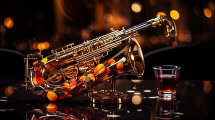 A saxophone and a glass of wine placed on a table, creating a harmonious ambiance.