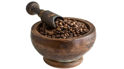 Photograph of a mortar and pestle grinding dried spices, releasing their warm and exotic aromas, against a transparent backdrop.