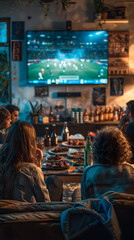 Fototapeta premium Group of friends gathered at home not recognizable watching the football. Concept: national team