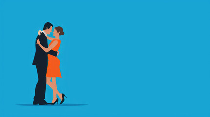 A man and a woman in formal attire are dancing together on a blue background. The woman is wearing an orange dress and the man is wearing a suit