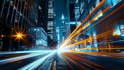 Naklejka premium Vibrant Night Cityscape with Busy Street Full of Cars and People