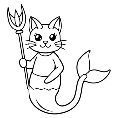 Cat Mermaid Coloring Page Isolated for Kids