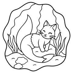 Cat Mermaid Coloring Page Isolated for Kids