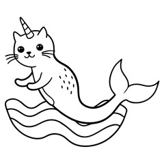 Cat Mermaid Coloring Page Isolated for Kids