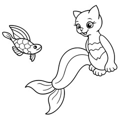 Cat Mermaid Coloring Page Isolated for Kids