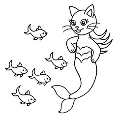 Cat Mermaid Coloring Page Isolated for Kids