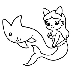 Cat Mermaid Coloring Page Isolated for Kids