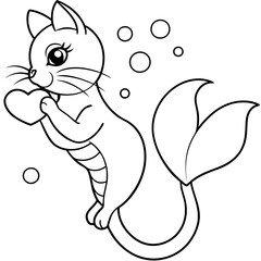 Cat Mermaid Coloring Page Isolated for Kids