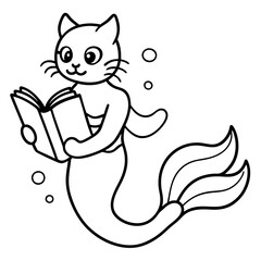 Cat Mermaid Coloring Page Isolated for Kids