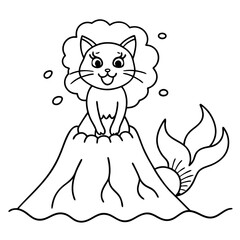 Cat Mermaid Coloring Page Isolated for Kids