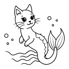 Cat Mermaid Coloring Page Isolated for Kids