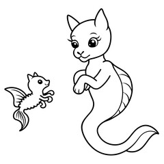 Cat Mermaid Coloring Page Isolated for Kids