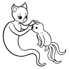 Cat Mermaid Coloring Page Isolated for Kids