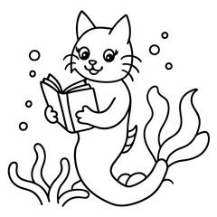 Cat Mermaid Coloring Page Isolated for Kids
