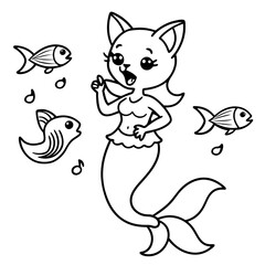 Cat Mermaid Coloring Page Isolated for Kids