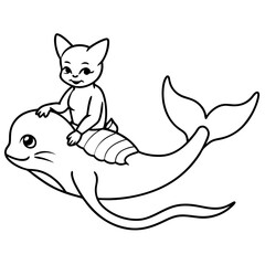 Cat Mermaid Coloring Page Isolated for Kids