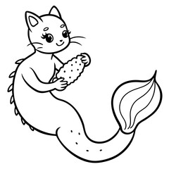 Cat Mermaid Coloring Page Isolated for Kids