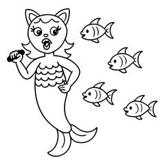 Cat Mermaid Coloring Page Isolated for Kids