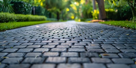Fototapeta premium Pavers Made of Brick Adorn the Driveway. Concept Home Improvement, Landscaping, Driveway Design, Brick Pavers, Exterior Renovation